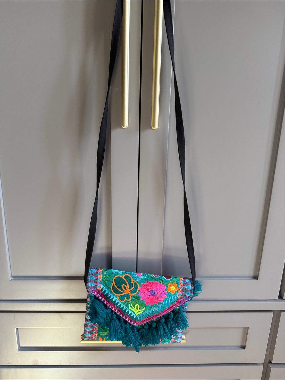 Mexican Embroidered Teal Floral Fringe Crossbody Bag